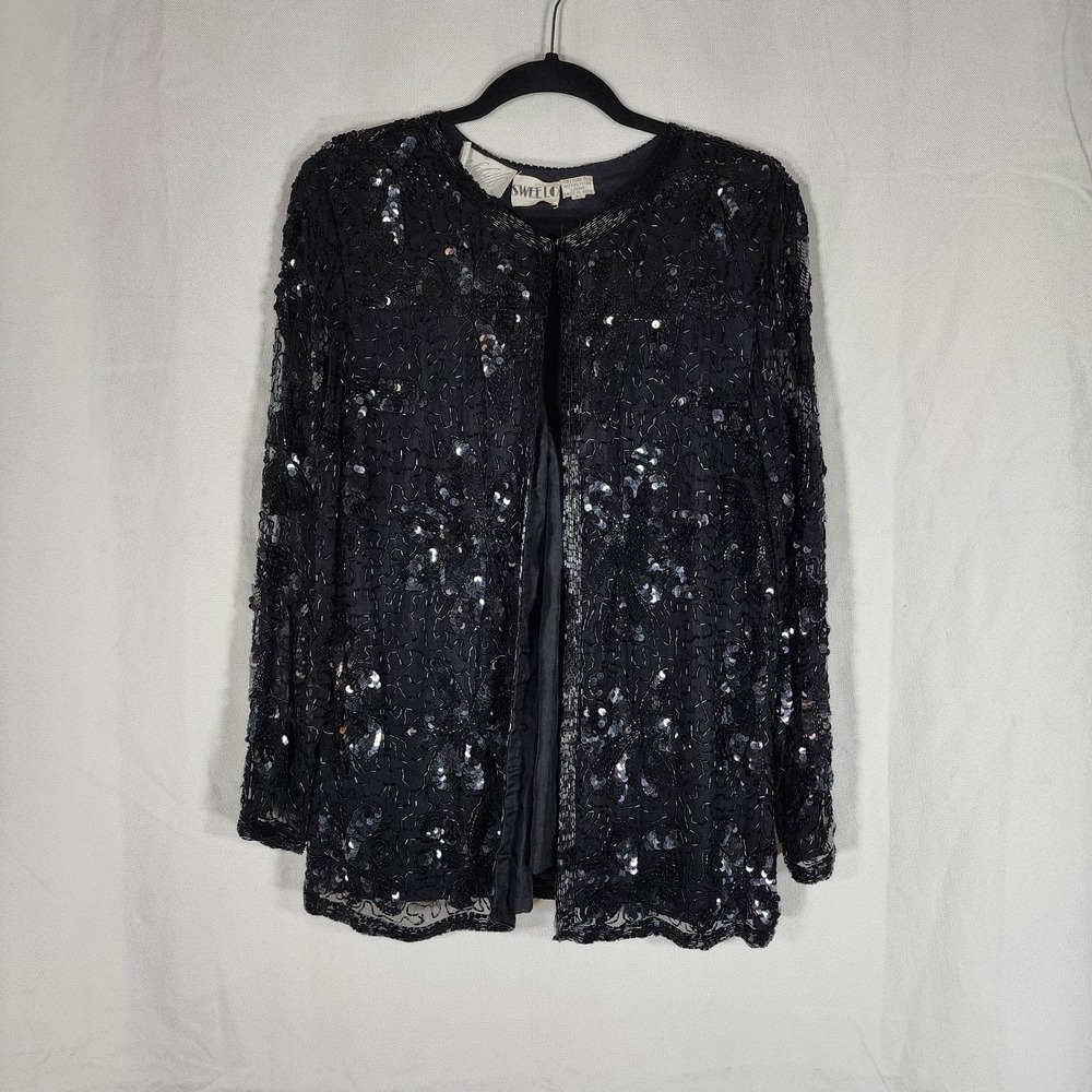 Vintage Black Silk Beaded Sequin Cardigan Top Whimsigoth Dark Floral Womens XL